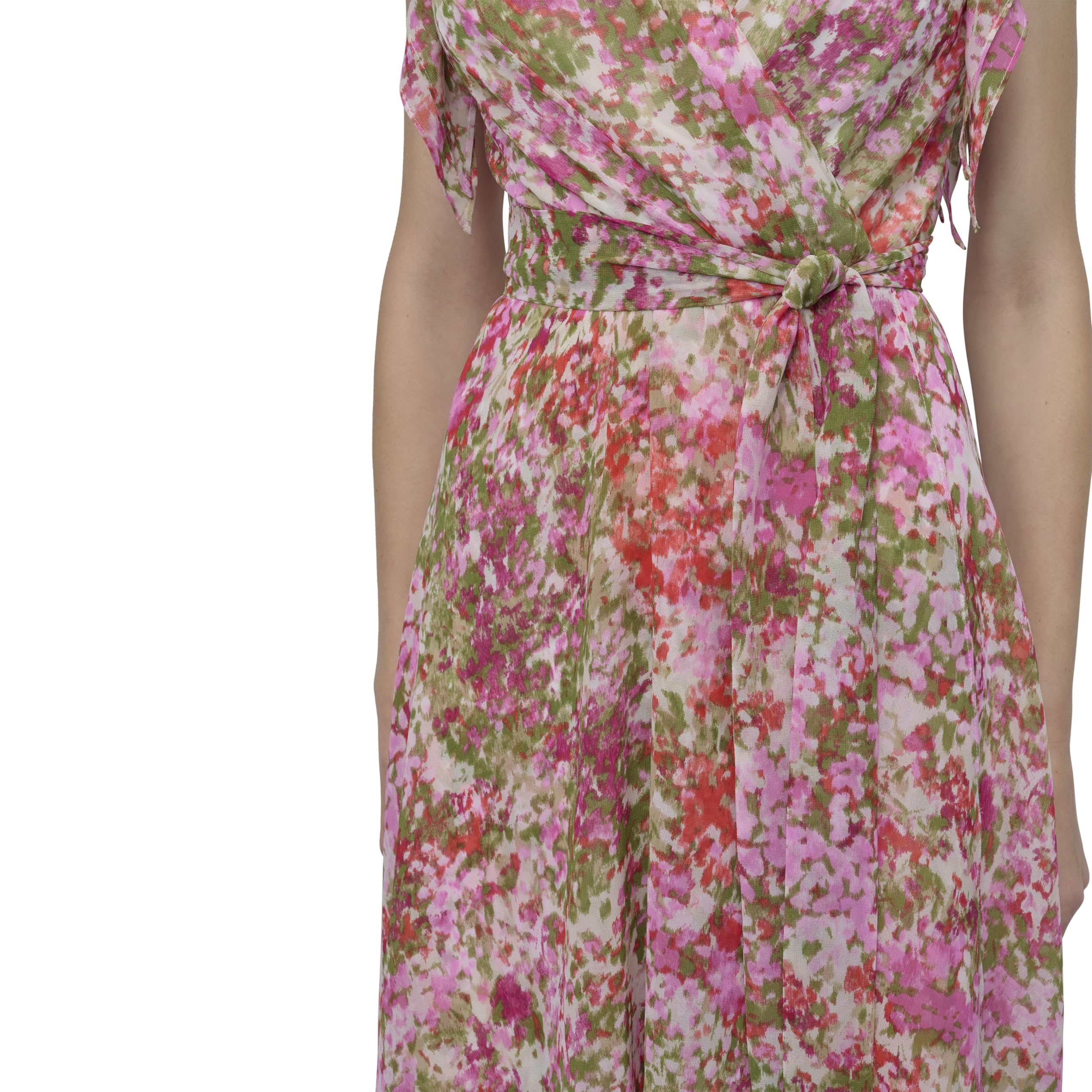 DKNY Women's Short Flutter Sleeve Surplice Neck Removable Belt Faux Wrap Dress, Ivory/Azalea Multi, 20W