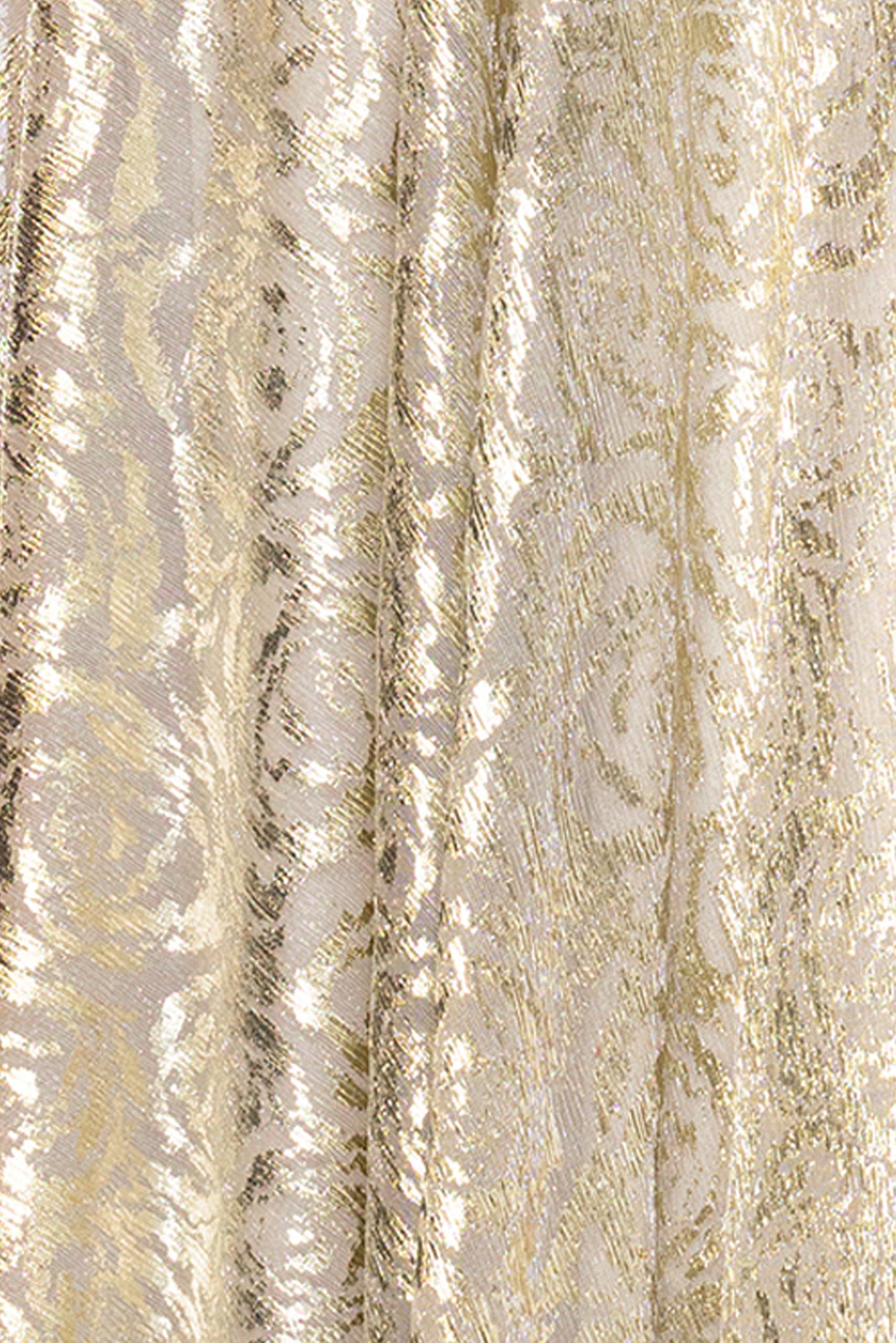 Betsy & Adam Women's Floor-Length, One-Shoulder, Wrap, Foil, Floral Gown, Champagne/Gold