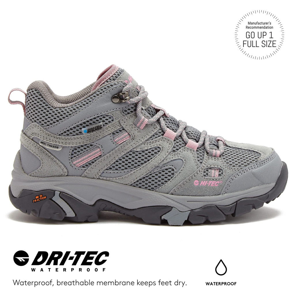 HI-TEC Apex Lite Mid WP Waterproof Hiking Boots for Women, Lightweight Outdoor and Trail Shoes - Medium Grey/Light Pink, 10 Medium