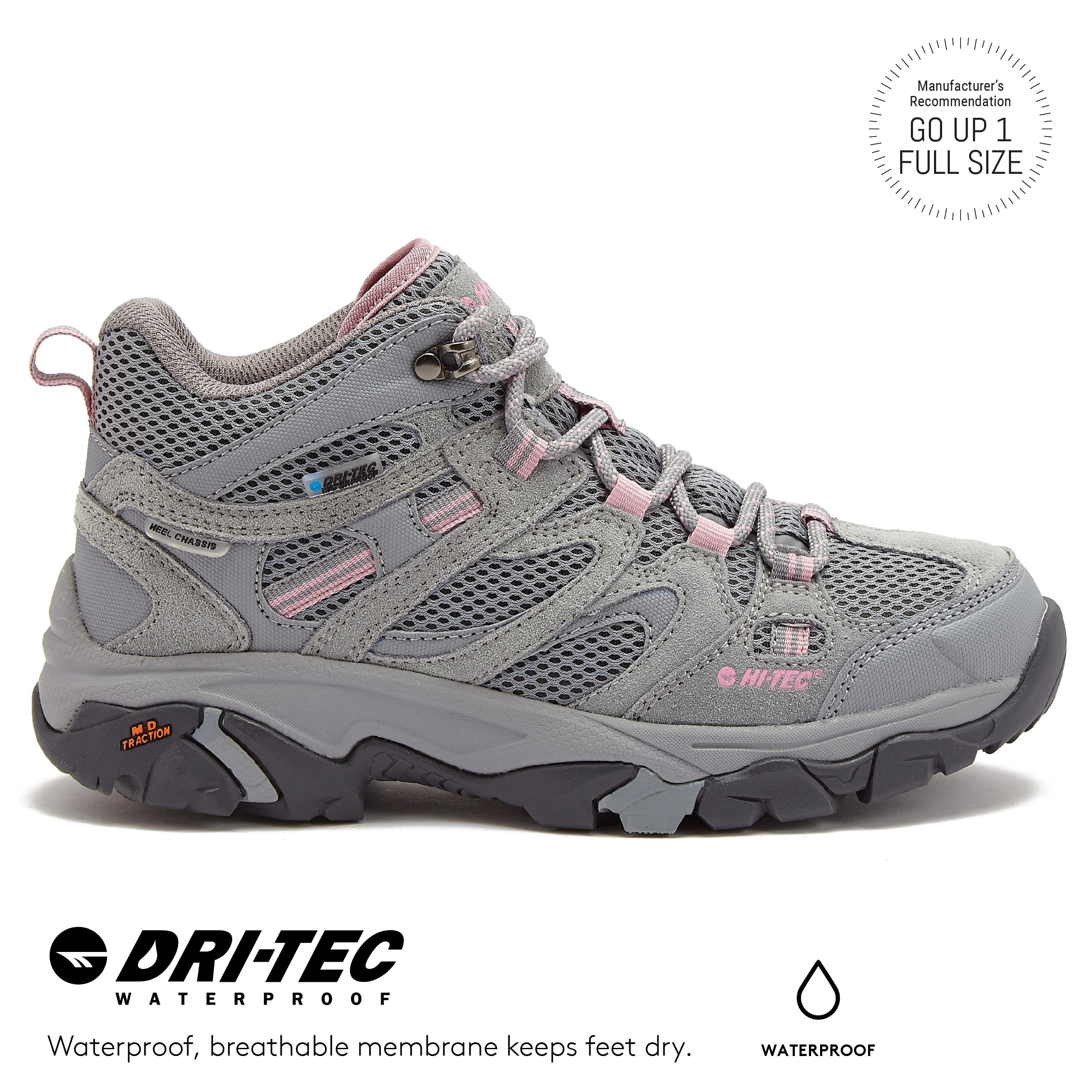 HI-TEC Apex Lite Mid WP Waterproof Hiking Boots for Women, Lightweight Outdoor and Trail Shoes - Medium Grey/Light Pink, 10 Medium