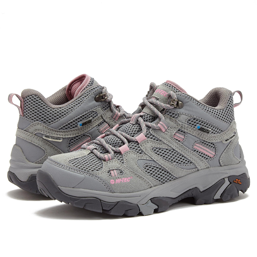 HI-TEC Apex Lite Mid WP Waterproof Hiking Boots for Women, Lightweight Outdoor and Trail Shoes - Medium Grey/Light Pink, 10 Medium