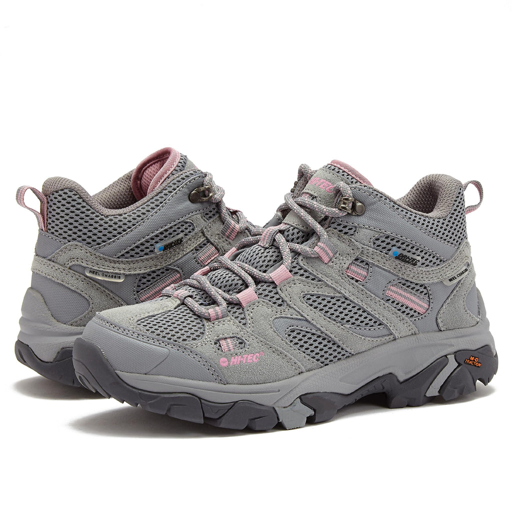 HI-TEC Apex Lite Mid WP Waterproof Hiking Boots for Women, Lightweight Outdoor and Trail Shoes - Medium Grey/Light Pink, 10 Medium
