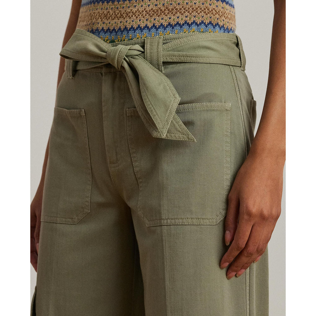 Lauren Ralph Lauren, Womens, Pleated Cotton Twill Wide-Leg Cargo Pants, Sage Green, Size: 12, Inseam: 27