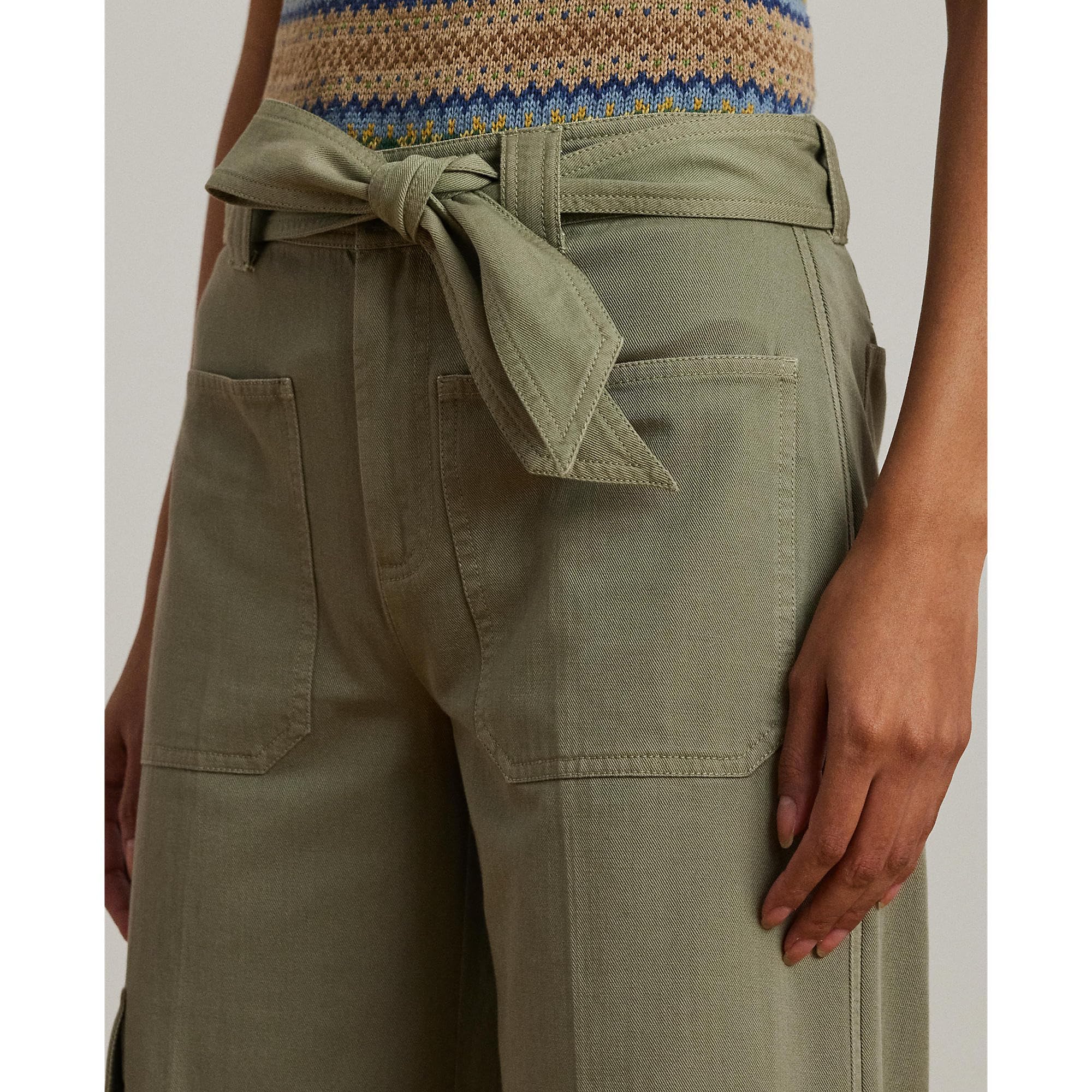 Lauren Ralph Lauren, Womens, Pleated Cotton Twill Wide-Leg Cargo Pants, Sage Green, Size: 12, Inseam: 27