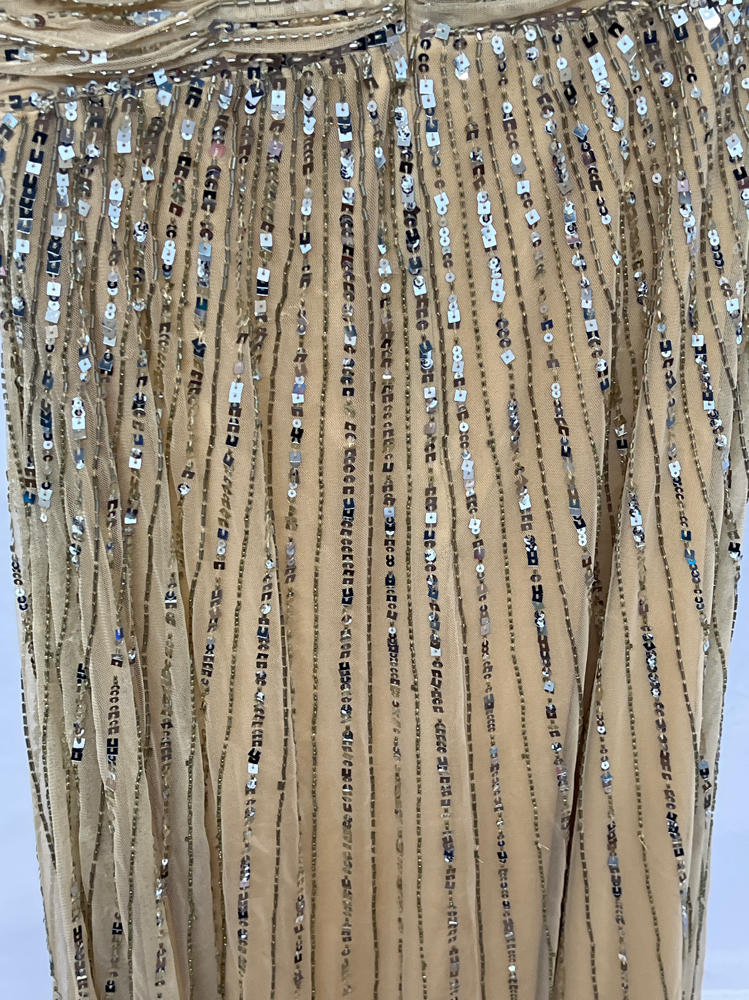 Mac Duggal Striped Sequin Mesh Gown With Beaded Shoulders gold