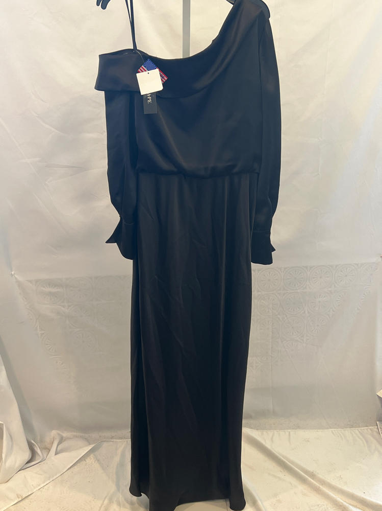 xscape Satin Off Shoulder Long Sleeve Floor Length Dress by 7176X black