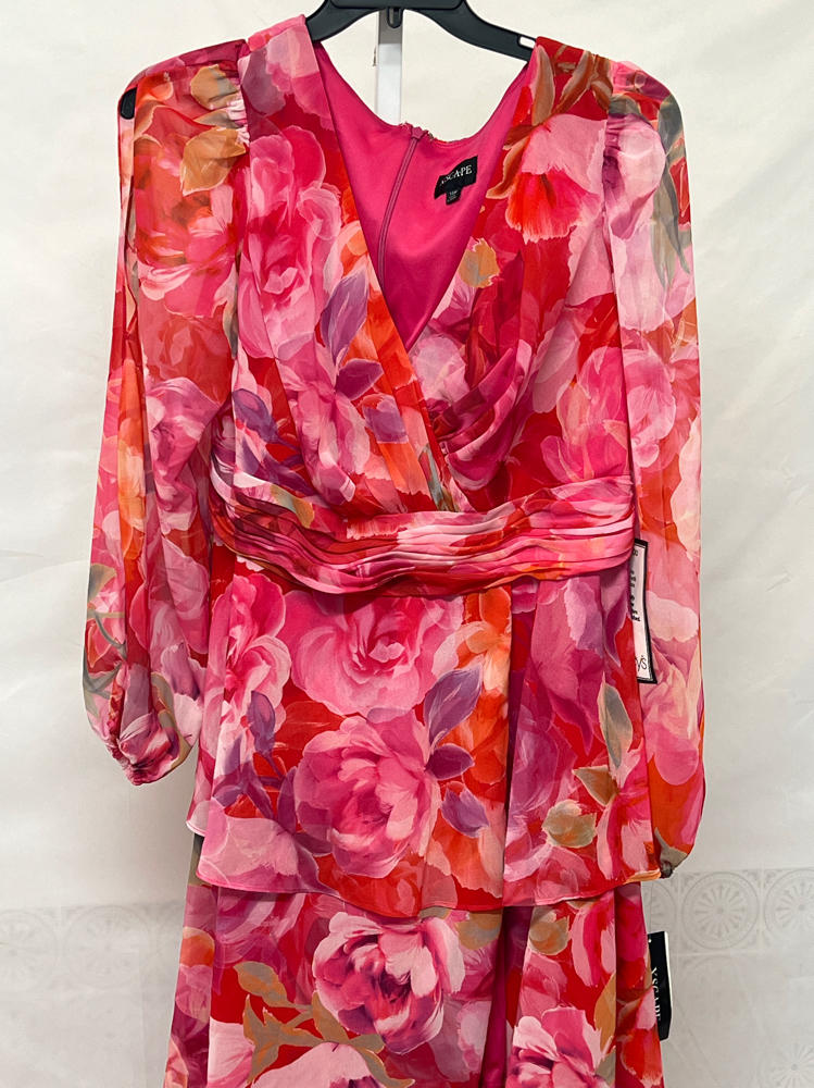 xscape Plus "Norene" Print Chiffon Long Sleeve Ruffle Floor Length Dress