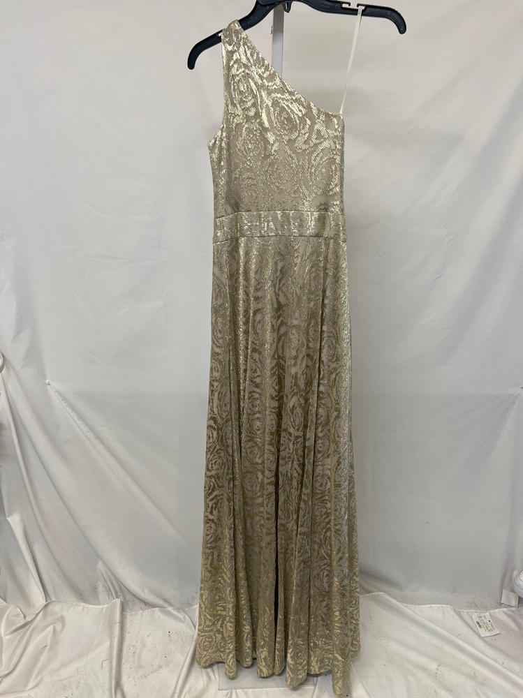 Betsy & Adam Women's Floor-Length, One-Shoulder, Wrap, Foil, Floral Gown, Champagne/Gold