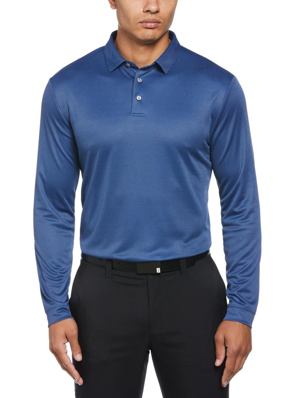 Pga Tour  Men's Mini Jacquard Long Sleeve Golf Polo Shirt - Peacoat