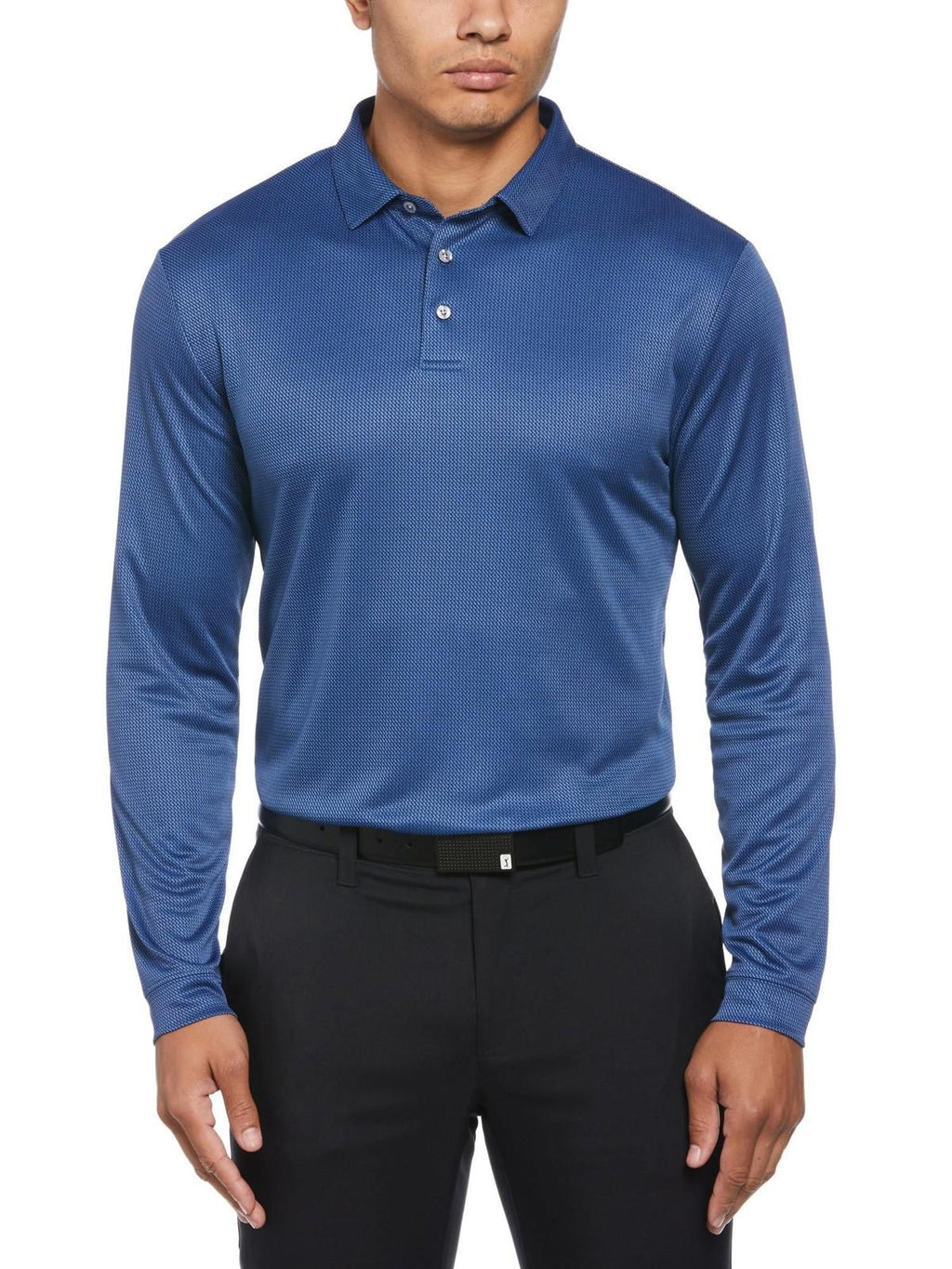 Pga Tour  Men's Mini Jacquard Long Sleeve Golf Polo Shirt - Peacoat