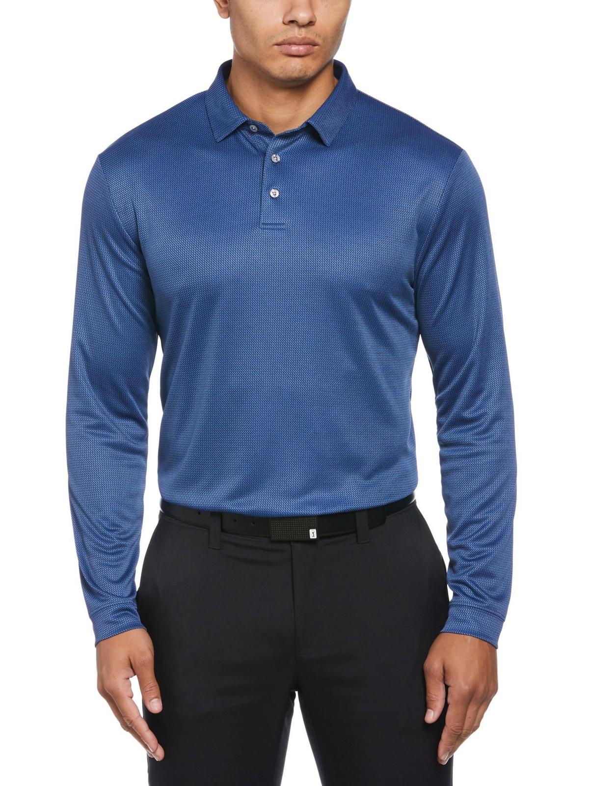 Pga Tour  Men's Mini Jacquard Long Sleeve Golf Polo Shirt - Peacoat