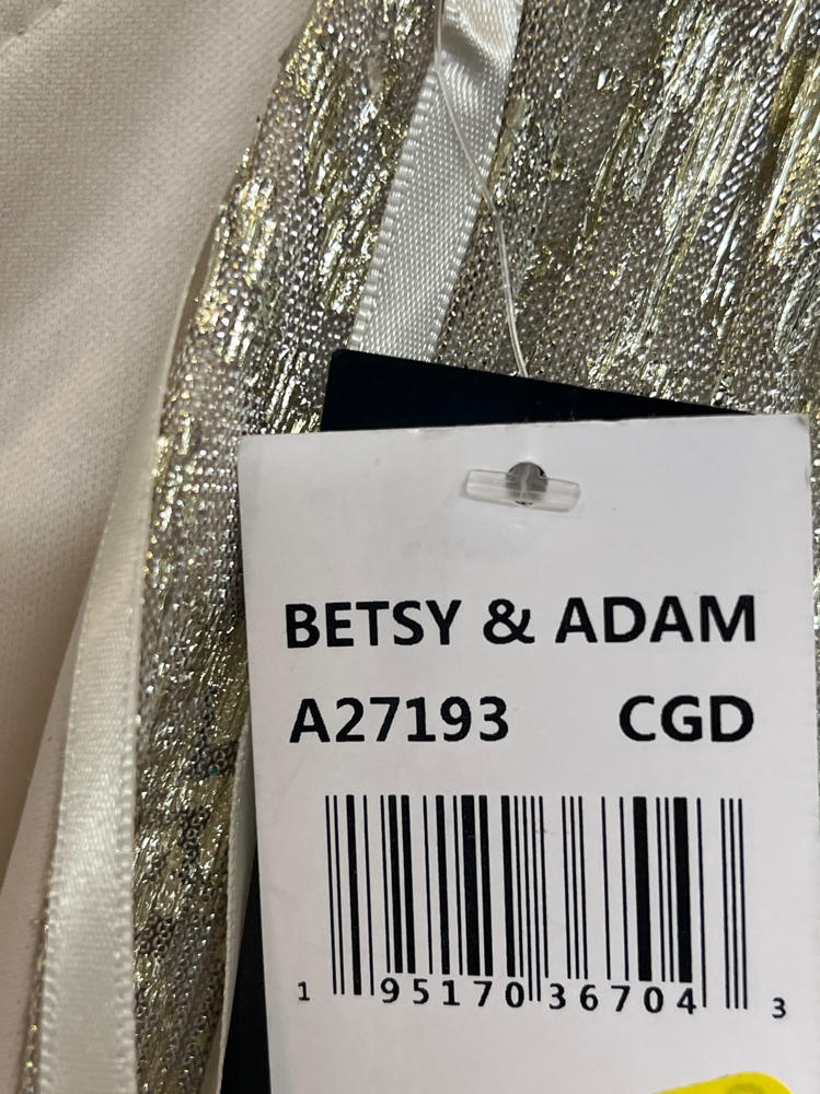 Betsy & Adam Women's Floor-Length, One-Shoulder, Wrap, Foil, Floral Gown, Champagne/Gold