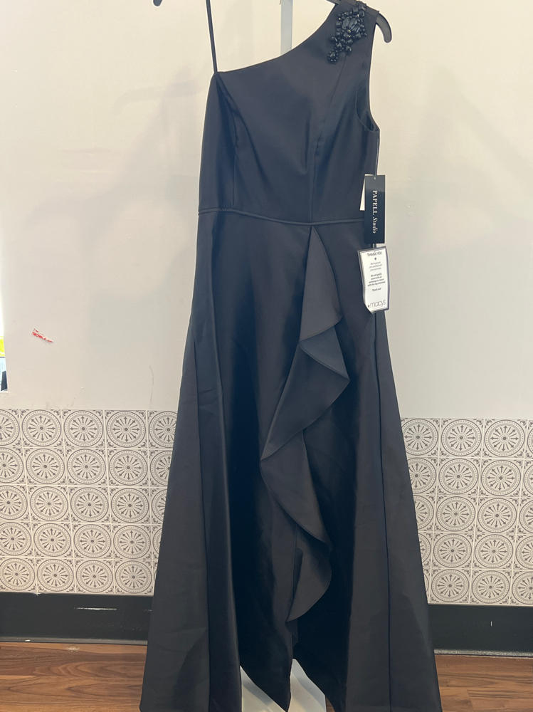 Adrianna Papell Women's One Shoulder Mikado Gown | Floor Length Black Tie Gown with Fitted Bodice & Draped Detailing 4 Black