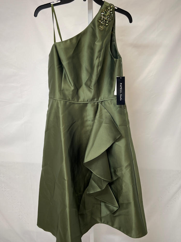 Adrianna Papell Women's One Shoulder Mikado Midi Dress, Jungle Olive