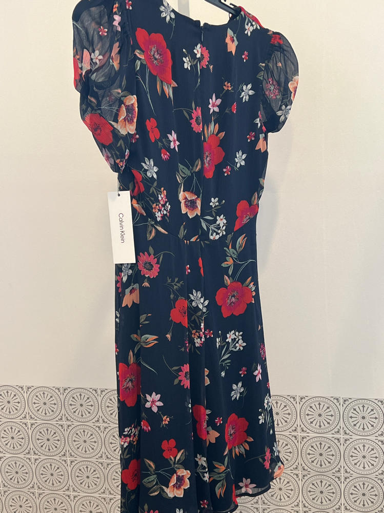 Calvin Klein Women's Dress Short Chiffon Dress with Puff Sleeve Indigo Multi 6