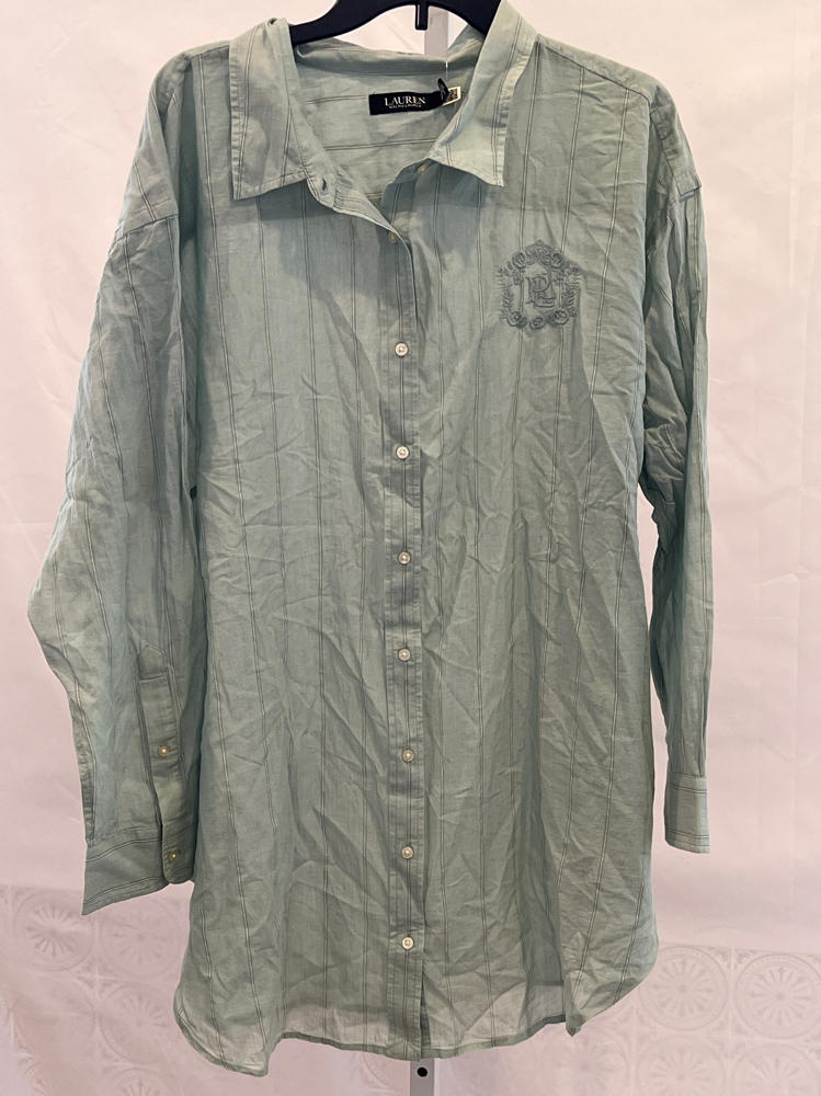 Lauren Ralph Lauren Women's Plus Size Oversize Striped Cotton Voile Shirt Washed Sage Multicolor 3X