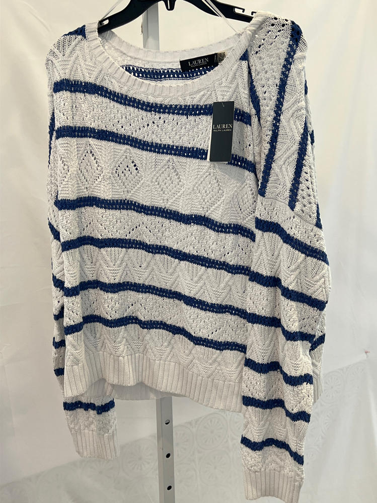 Lauren Ralph Lauren Striped Pointelle Sweater Women's White/Blue Pullover sweater