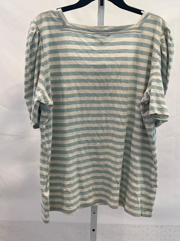 Lauren Ralph Lauren Women's Plus Size Striped Cotton Jersey Puff-Sleeve Tee Aqua Pearl/Mascarpone Cream 2X, 3x