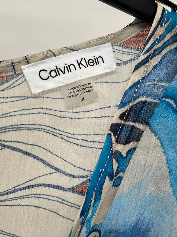 Calvin Klein Womens Chiffon Puff Sleeve Faux Wrap Oxford Multi 4 One Size