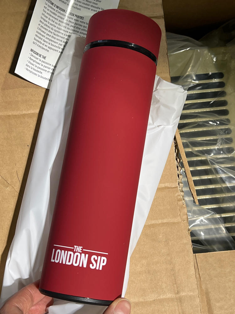 The London Sip Multi-Purpose Travel Mug and Tumbler Fruit Infused Flask Hot and Cold Double Wall Stainless Steel Thermos with Extra-Long Infuser, Sacred Red