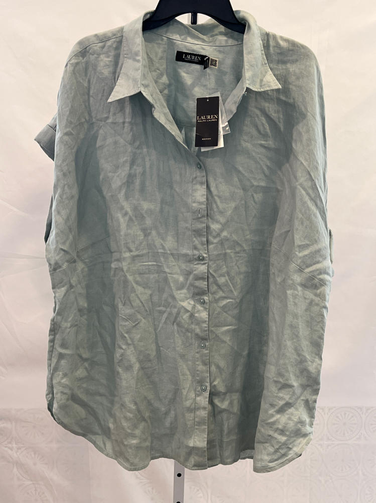 Lauren Ralph Lauren, Women's, Plus Size Relaxed Fit Linen Short Sleeve Shirt, Aqua Pearl, 3X