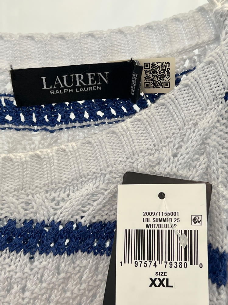 Lauren Ralph Lauren Striped Pointelle Sweater Women's White/Blue Pullover sweater