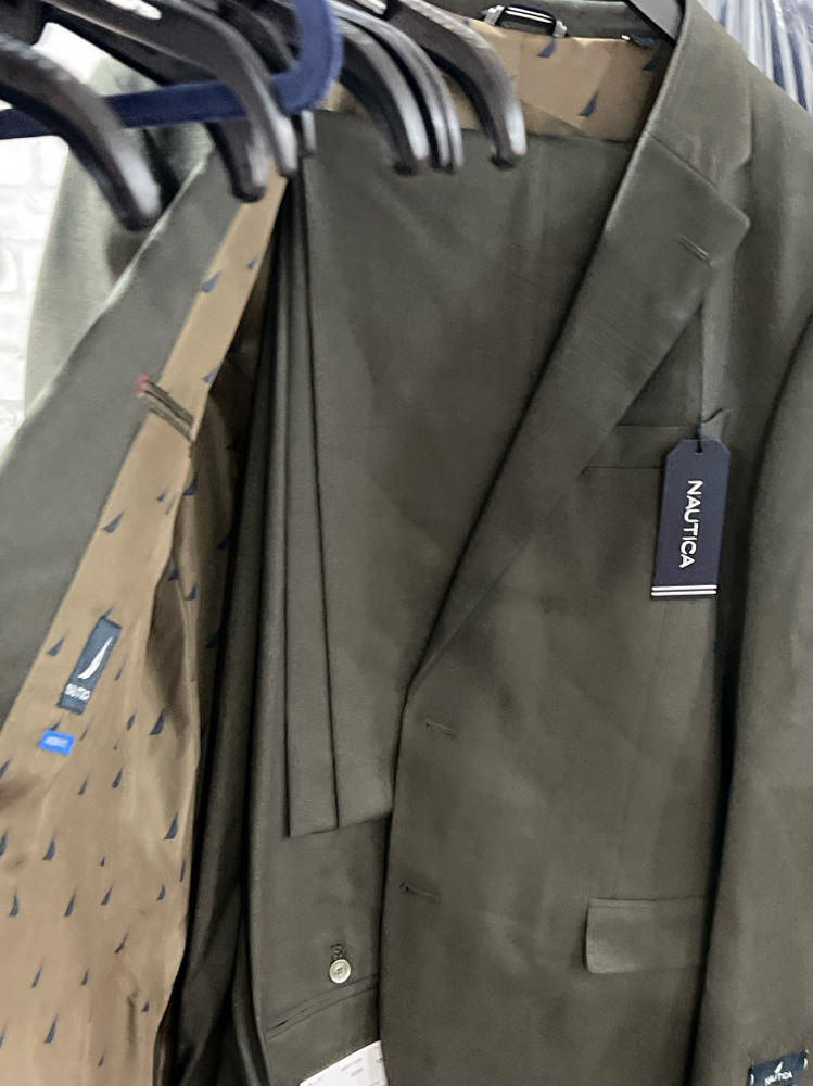 Nautica Mens Modern fit 2 Piece Suit 42 L / 36 Waist Olive Green Solid Stretch
