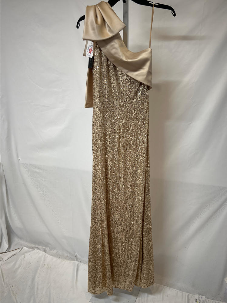 Betsy & Adam Women’s Sequin One Shoulder Satin Drape Floor Length Dress, Champagne, 6