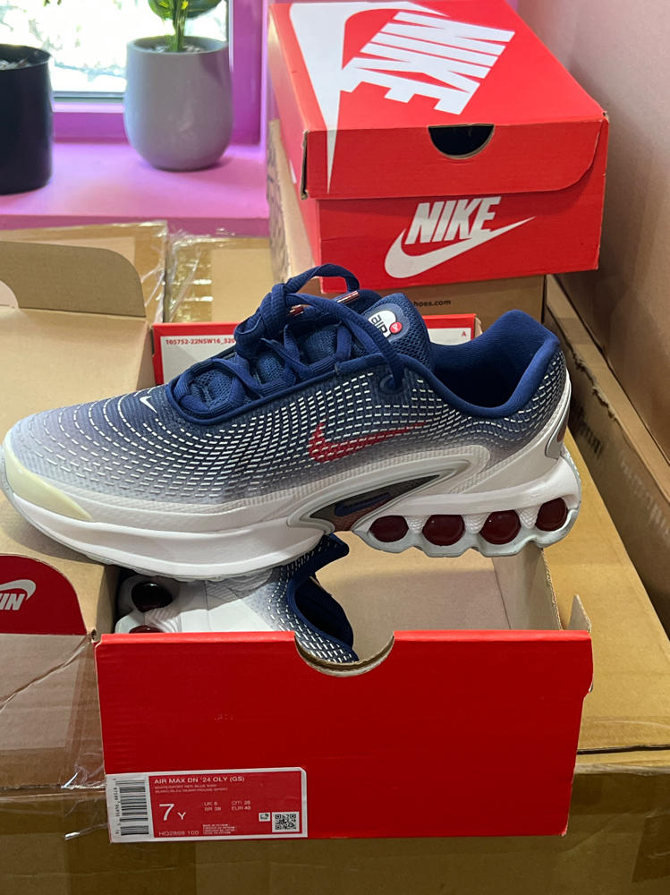 Nike Air Max Dn Big Kids' Shoes (HQ2869-100, White/Blue Void/Blue Void/Sport Red) Size 7