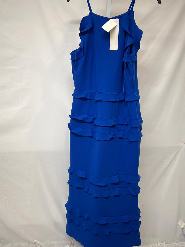 Sleeveless Crepe Flounce Midi Dress In True Blue 12 (not to max retail the size is 12 and color is ture blue)
