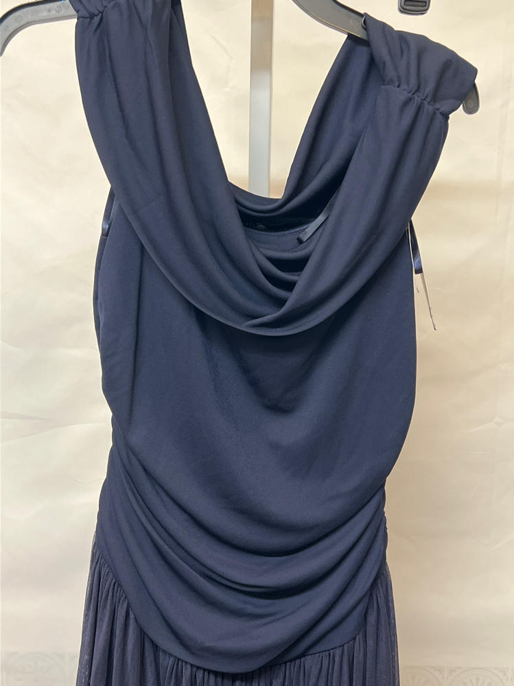 Betsy & Adam Women’s Strapless Ruched Bodice Mesh Overlay Floor Length Dress, Navy, 10