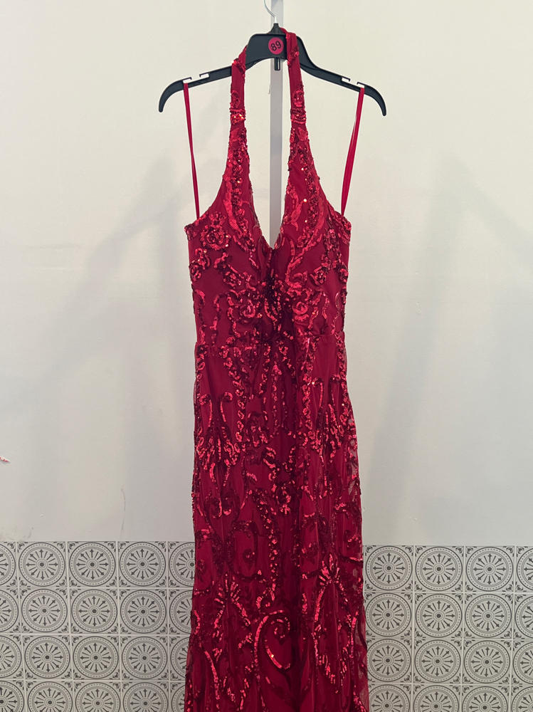 B Darlin Juniors' Sequined Halter-Neck Evening Gown  Red  9/10