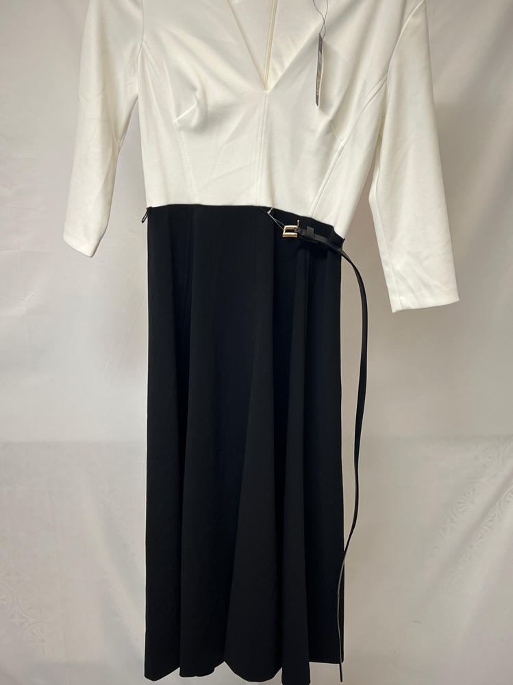 Tommy Hilfiger Women's Long Sleeves V Neck Color Block Midi Dress, Black/Ivory, 2