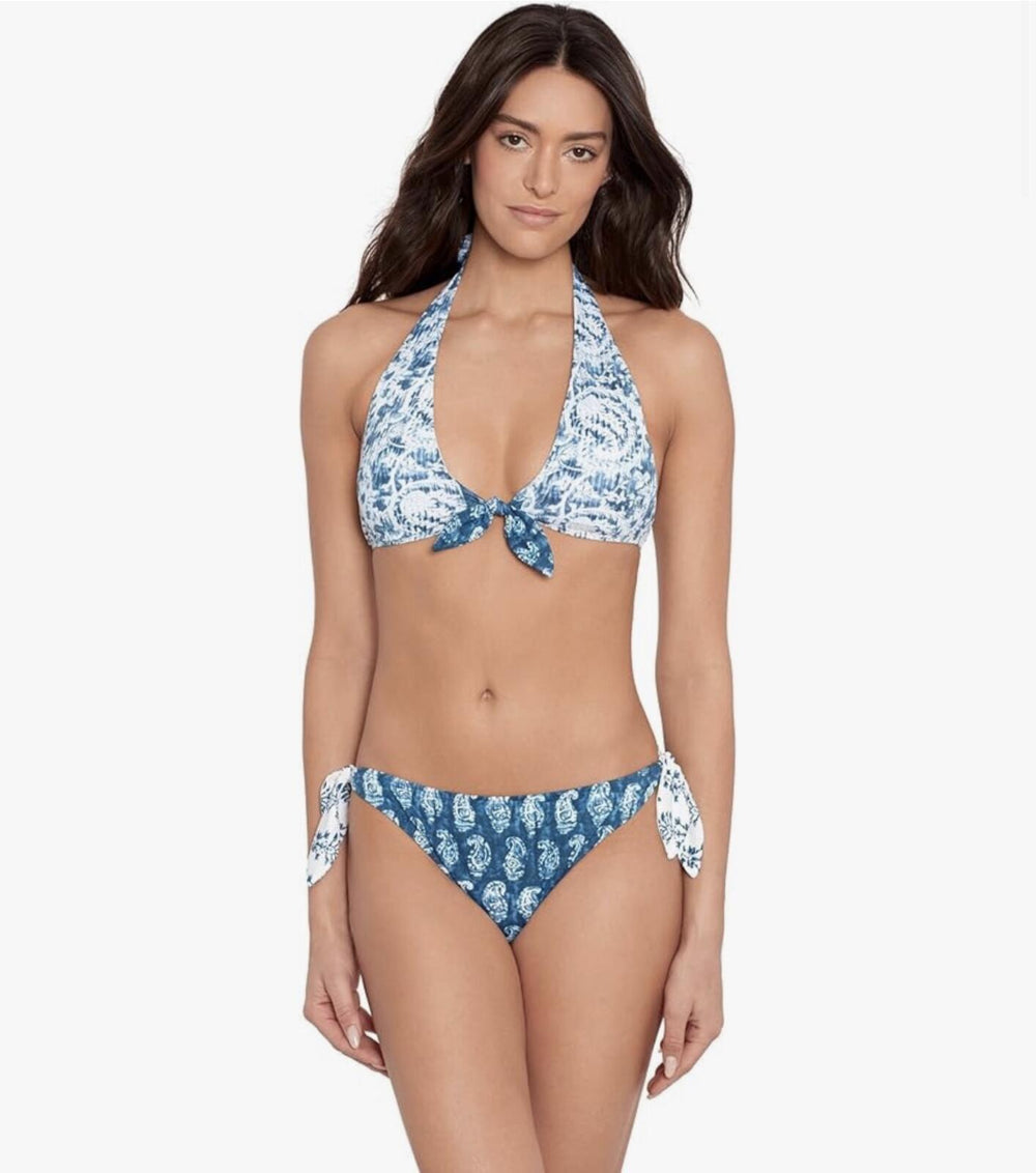 LAUREN Ralph Lauren Women's Indigo Print Mix Tie Front Halter Bra