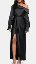 xscape Satin Off Shoulder Long Sleeve Floor Length Dress by 7176X black
