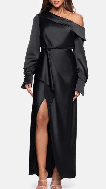 xscape Satin Off Shoulder Long Sleeve Floor Length Dress by 7176X black