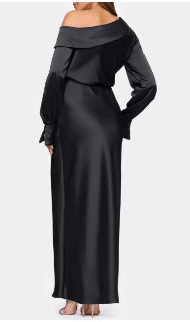 xscape Satin Off Shoulder Long Sleeve Floor Length Dress by 7176X black