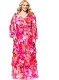xscape Plus "Norene" Print Chiffon Long Sleeve Ruffle Floor Length Dress