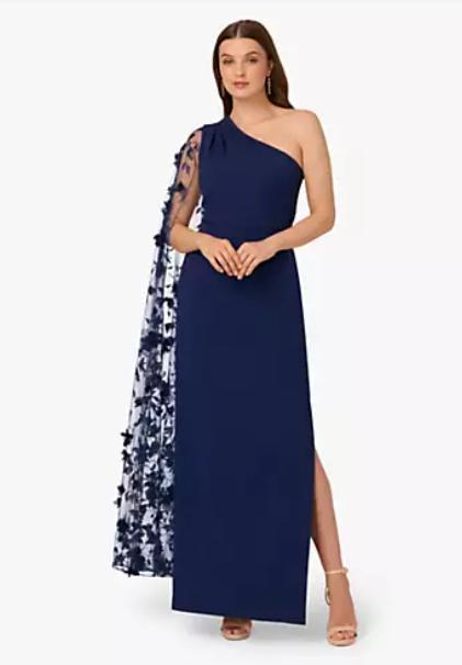 Navy Sateen One Shoulder Floral Cape Sleeve Dress by Adrianna Papell