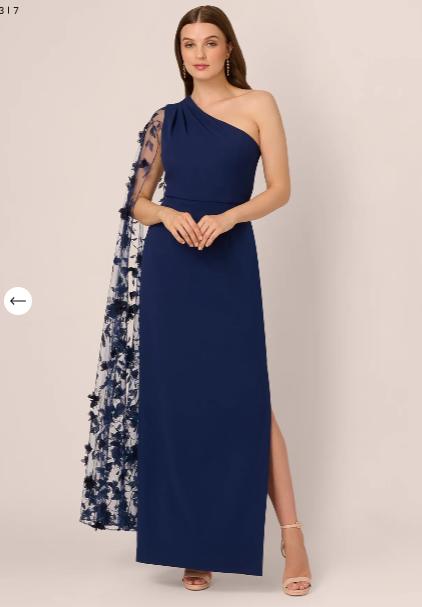 Navy Sateen One Shoulder Floral Cape Sleeve Dress by Adrianna Papell