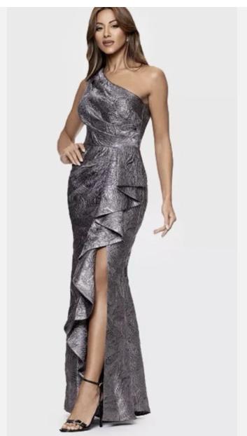 xscape One Shoulder Ruffle Floor Length Jacquard Dress by 7246X