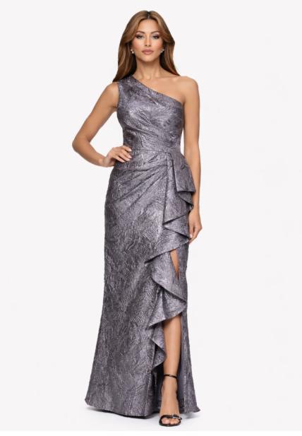 xscape One Shoulder Ruffle Floor Length Jacquard Dress by 7246X