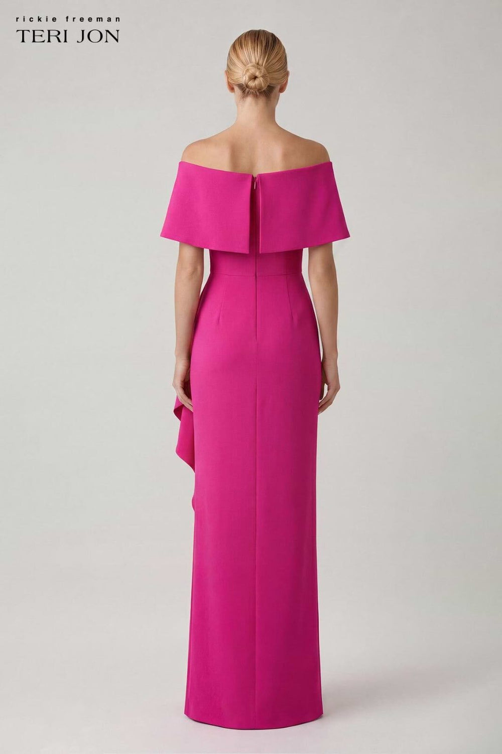 TERI JON BY RICKIE FREEMAN Crepe Off The Shoulder Flounce With Bow Trim Gown