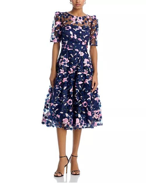 Eliza J Three Quarter Sleeve Illusion Yoke Dress
