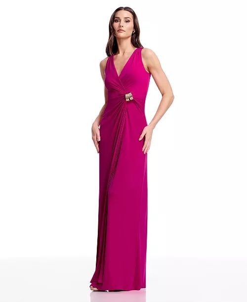 Dress the Population Women's Pleated Wrap Long Gown