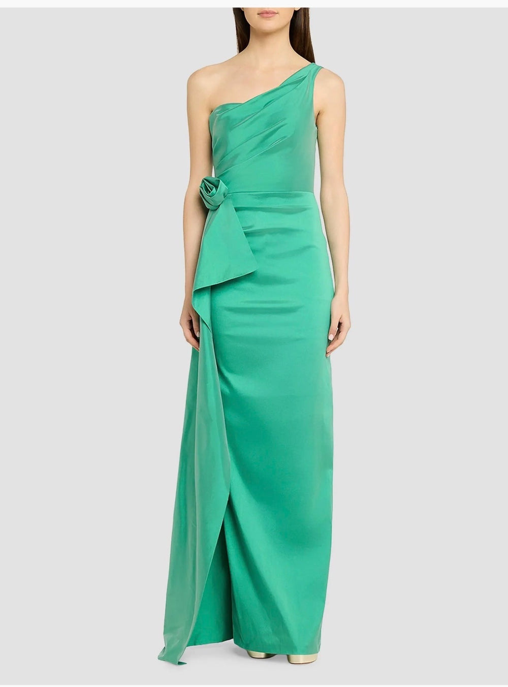 TERI JON BY RICKIE FREEMAN Flower-Corsage One-Shoulder Taffeta Gown