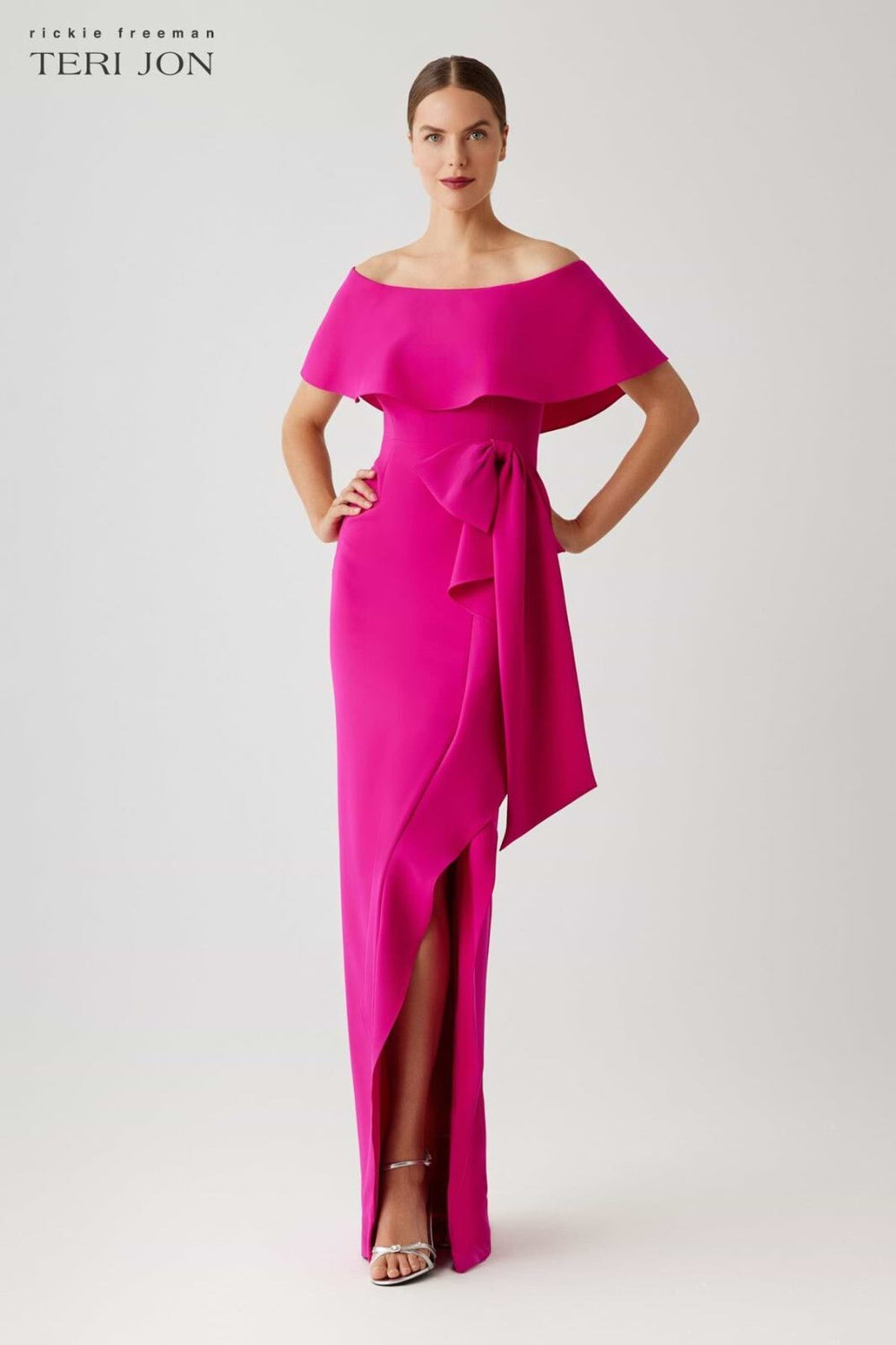 TERI JON BY RICKIE FREEMAN Crepe Off The Shoulder Flounce With Bow Trim Gown