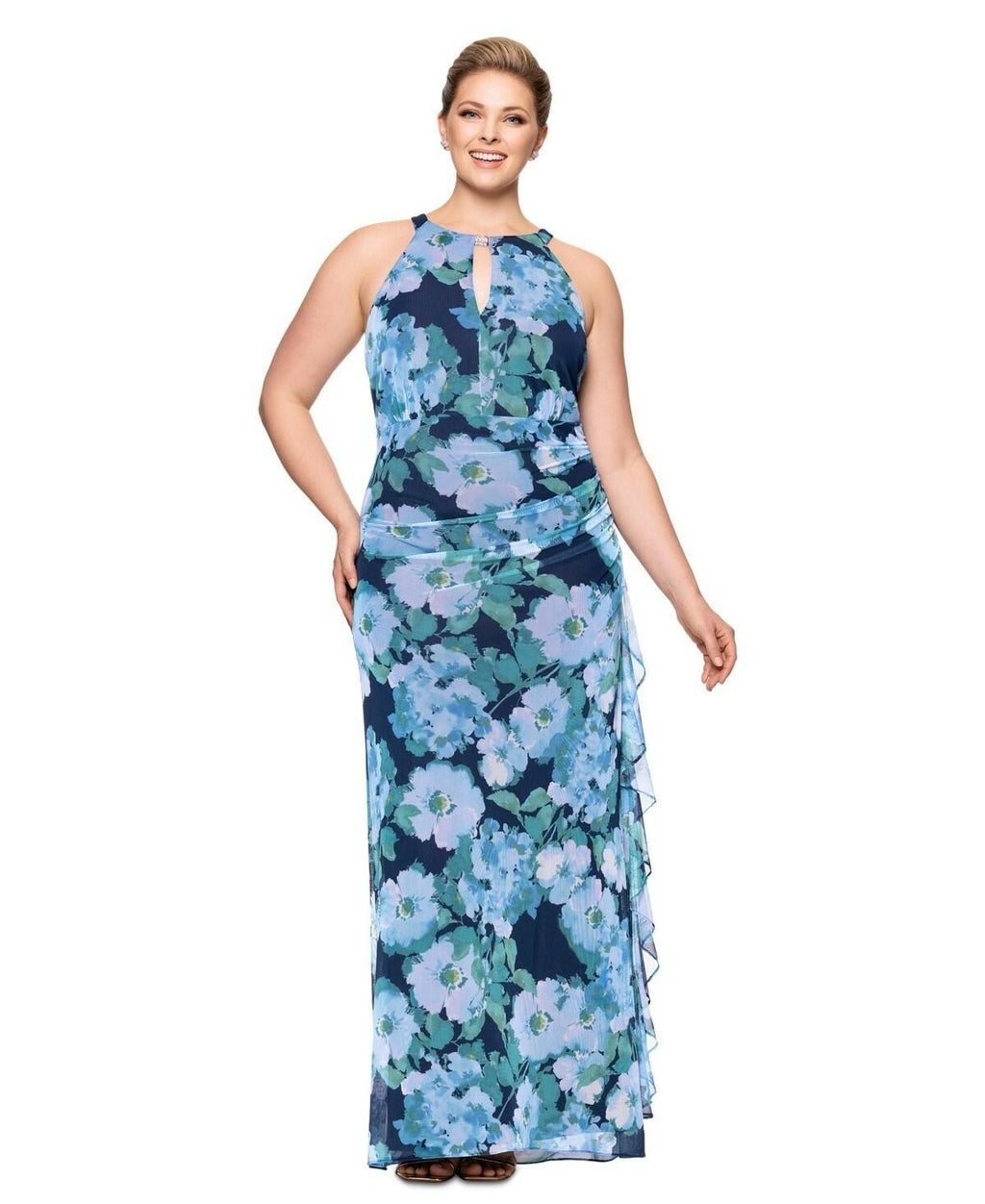 betsey & adam Blue Floral Mesh Ruffle Floor Length Swing Dress by B287