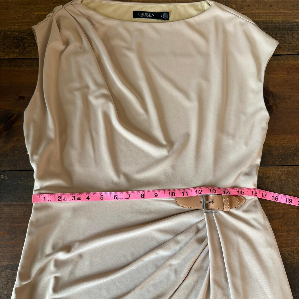 Lauren Ralph Lauren Buckle Trim Jersey Boatneck Dress Beige Womens Cap Sleeve