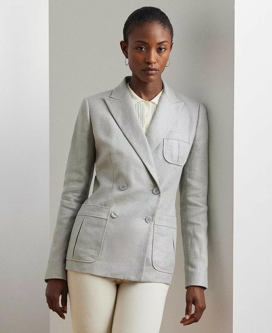Lauren Ralph Lauren Foiled Linen Cotton Blazer Metallic Blue